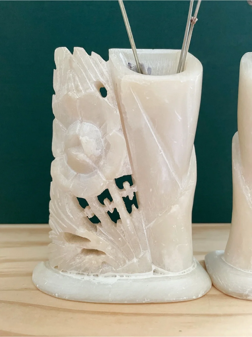 Vintage Chinese Hand-Carved White Soapstone Bud Vases - Mirrored Pair